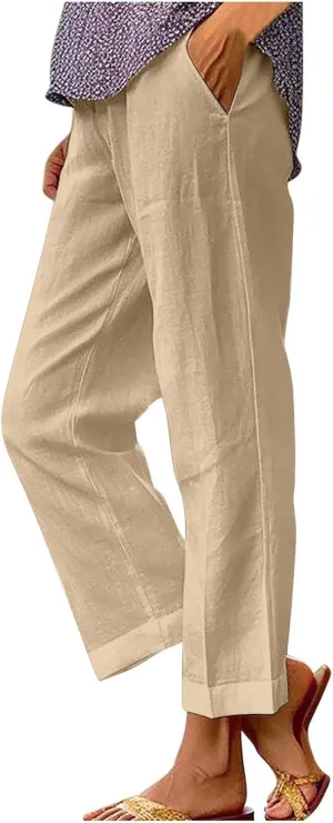 Cropped Linen Pants Women Summer Elastic Waist Straight Leg Plus Size Crop Pants Casual Beach Trousers with Pockets