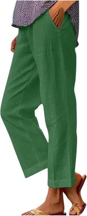 Cropped Linen Pants Women Summer Elastic Waist Straight Leg Plus Size Crop Pants Casual Beach Trousers with Pockets