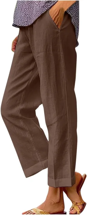 Cropped Linen Pants Women Summer Elastic Waist Straight Leg Plus Size Crop Pants Casual Beach Trousers with Pockets