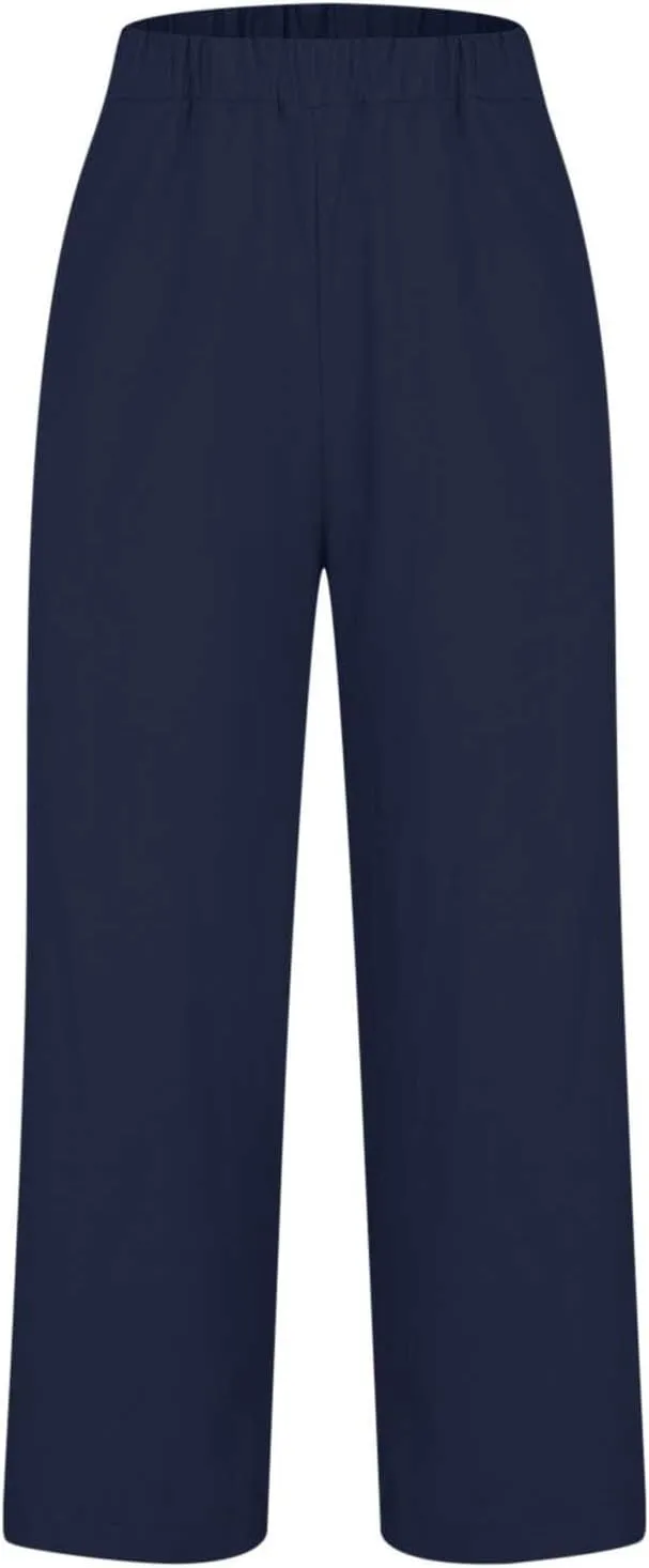 Cropped Linen Pants Women Summer Elastic Waist Straight Leg Plus Size Crop Pants Casual Beach Trousers with Pockets