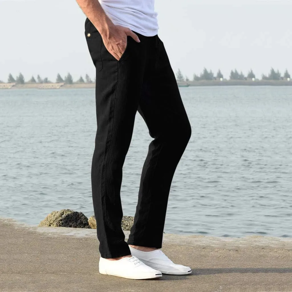 Dademeo Men Casual Pants Cotton Solid Elastic Waist Drawstring Long Pants Breathable Trousers Lounge Lightweight Chino Pants