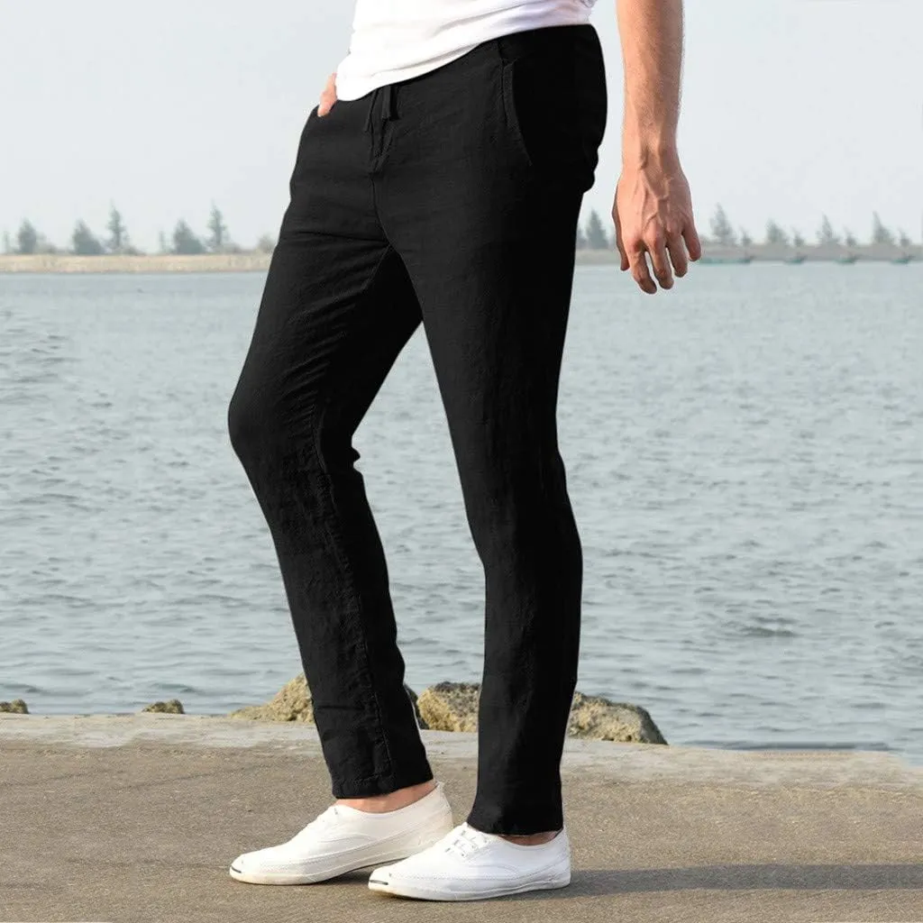 Dademeo Men Casual Pants Cotton Solid Elastic Waist Drawstring Long Pants Breathable Trousers Lounge Lightweight Chino Pants