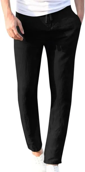 Dademeo Men Casual Pants Cotton Solid Elastic Waist Drawstring Long Pants Breathable Trousers Lounge Lightweight Chino Pants