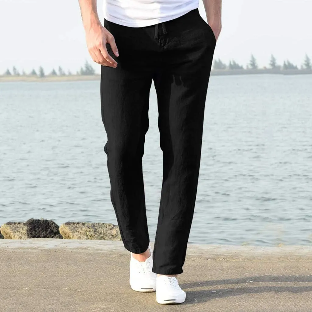 Dademeo Men Casual Pants Cotton Solid Elastic Waist Drawstring Long Pants Breathable Trousers Lounge Lightweight Chino Pants