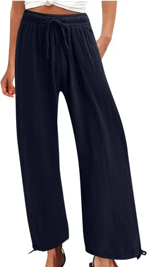 DASAYO Linen Pants Fcor Women Summer Drawstring Elastic Waist Casual Trousers with Pockets Loose Fit Wide Leg Beach Pants