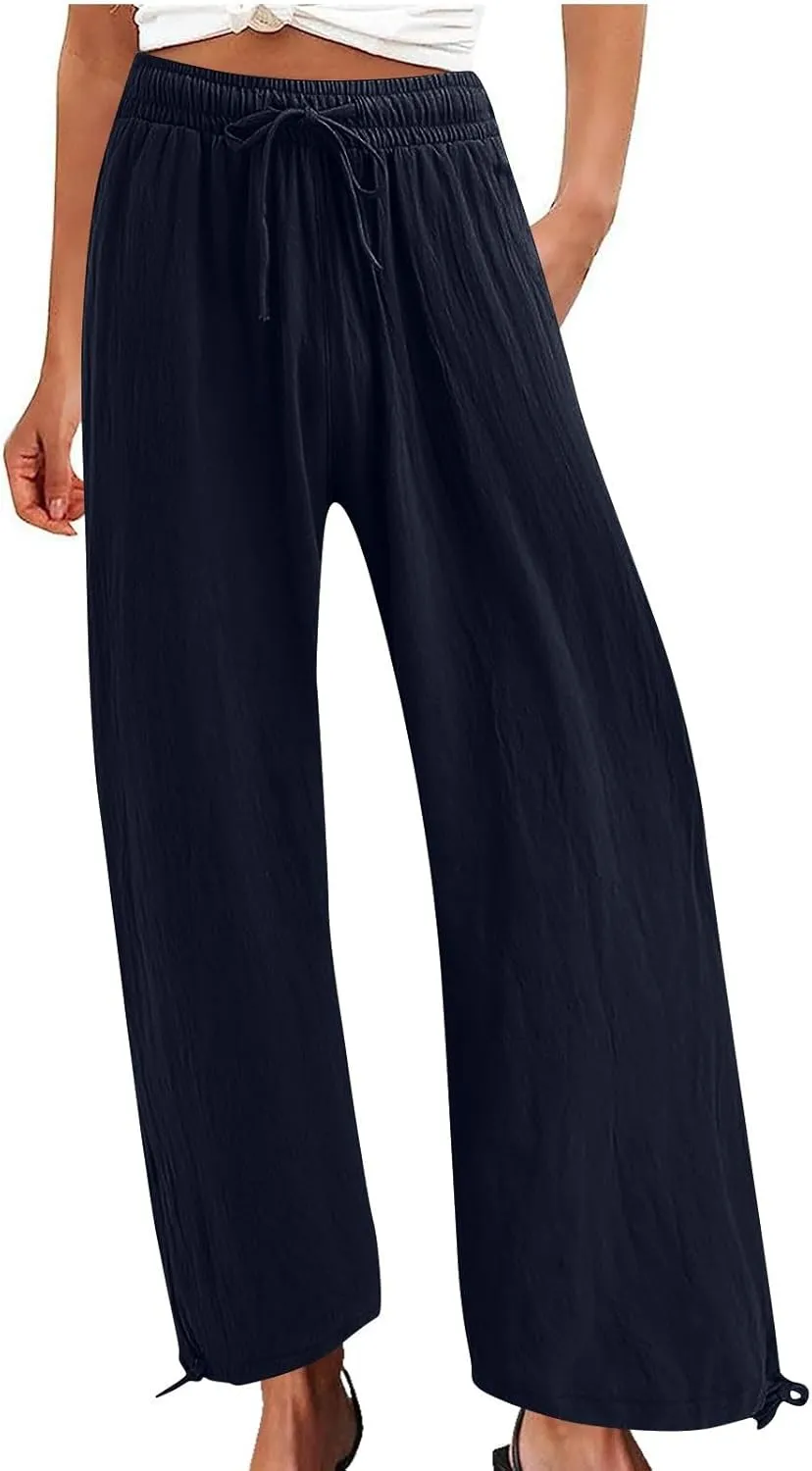 DASAYO Linen Pants Fcor Women Summer Drawstring Elastic Waist Casual Trousers with Pockets Loose Fit Wide Leg Beach Pants