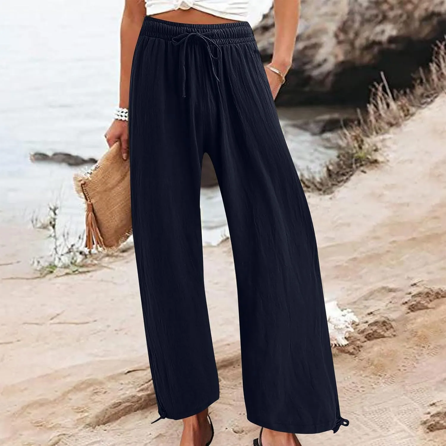 DASAYO Linen Pants Fcor Women Summer Drawstring Elastic Waist Casual Trousers with Pockets Loose Fit Wide Leg Beach Pants