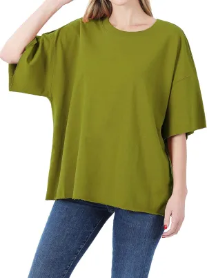 DAY VILLAGE Women's French Terry Drop Shoulder Raw Edge Oversized Short Sleeve T-shirt Top