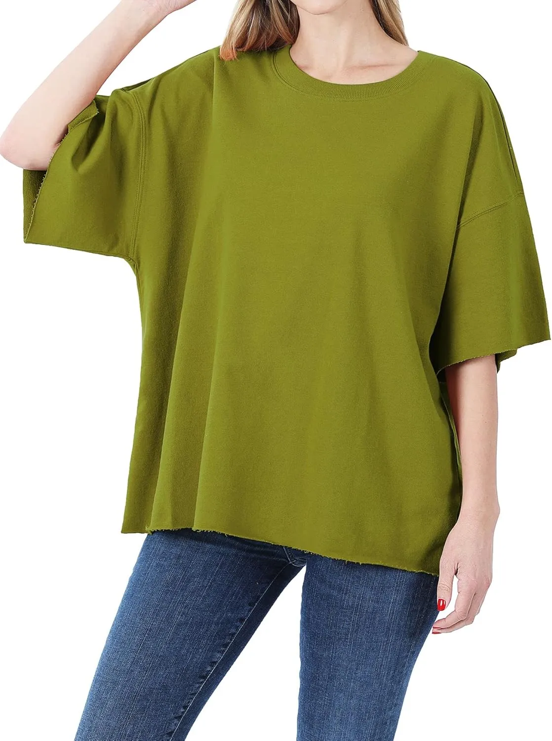 DAY VILLAGE Women's French Terry Drop Shoulder Raw Edge Oversized Short Sleeve T-shirt Top