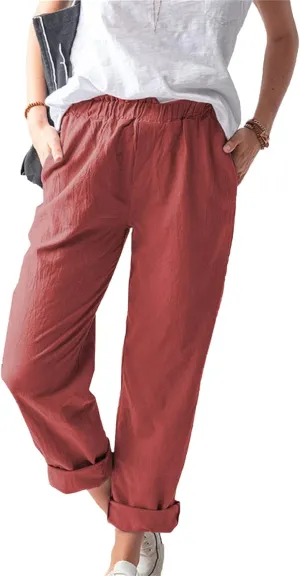 DGHM-JLMY Women's Linen Solid Elastic High Waist Straight Trousers Summer Casual Comfy Pants Pockets Cotton Lounge Pants