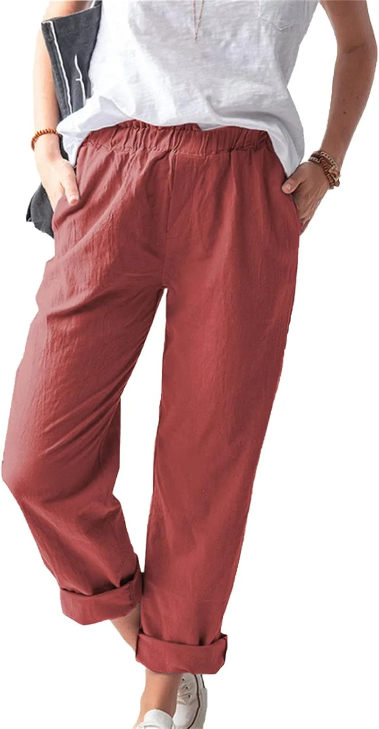 DGHM-JLMY Women's Linen Solid Elastic High Waist Straight Trousers Summer Casual Comfy Pants Pockets Cotton Lounge Pants