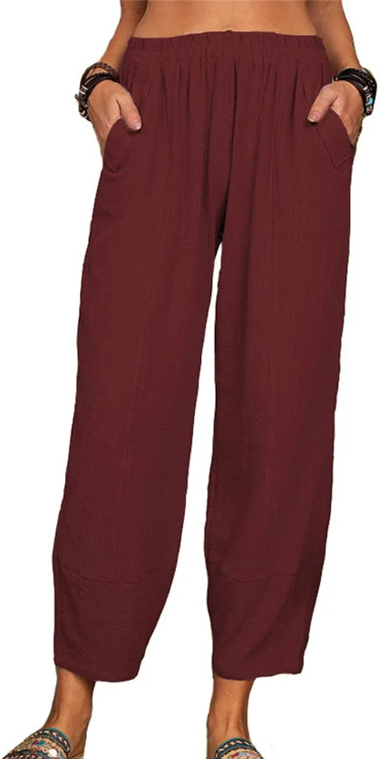 DGHM-JLMY Women's Loose Cotton Linen Harem Trousers Yoga Trousers Bohemian Beach Pant Comfy Straight-Leg Casual Sporting Pant