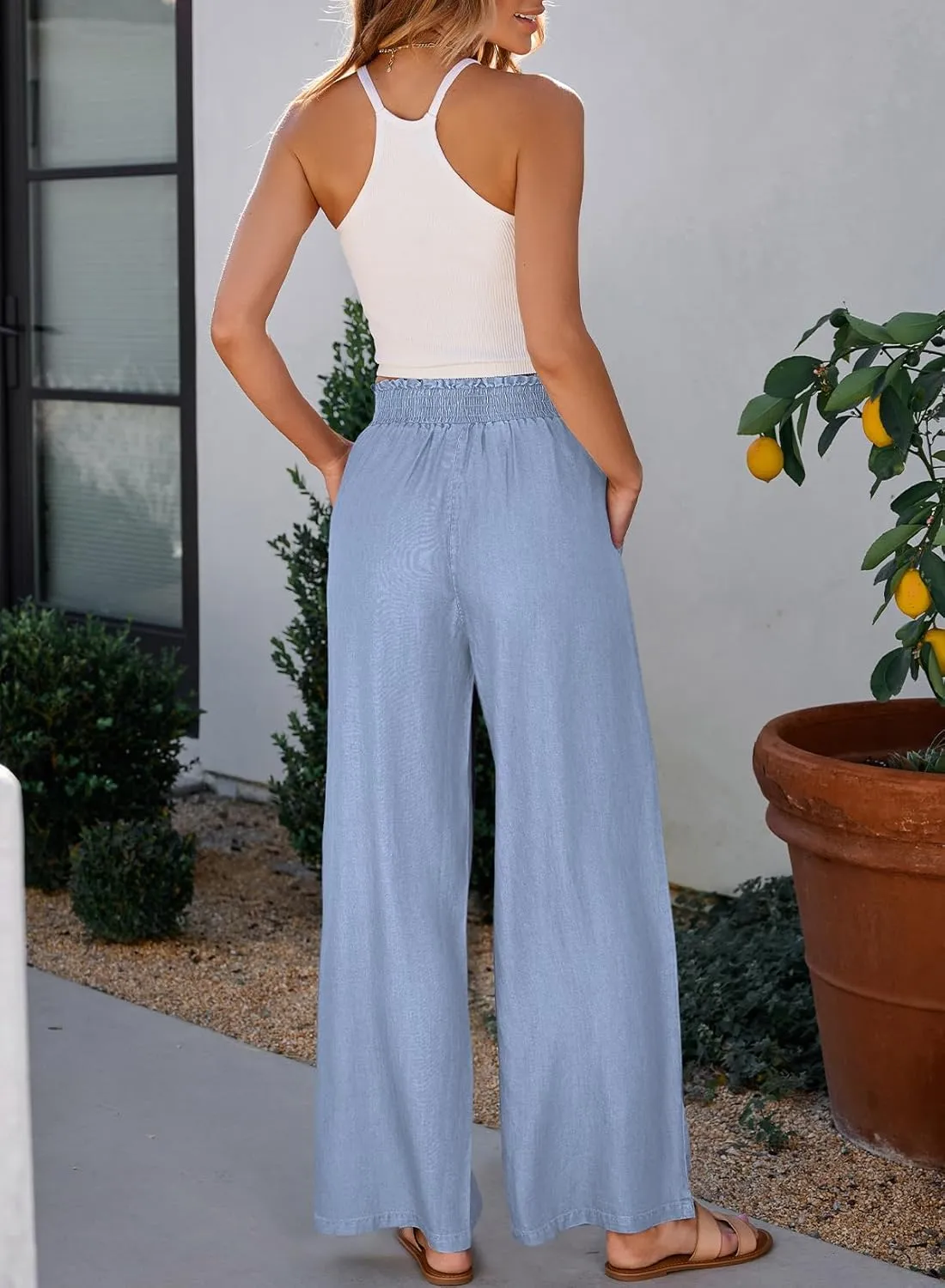 Dokotoo Womens Ruffled Smocked High Waist Slant Pocket Straight Tencel Denim Jeans Summer Lightweight Pants