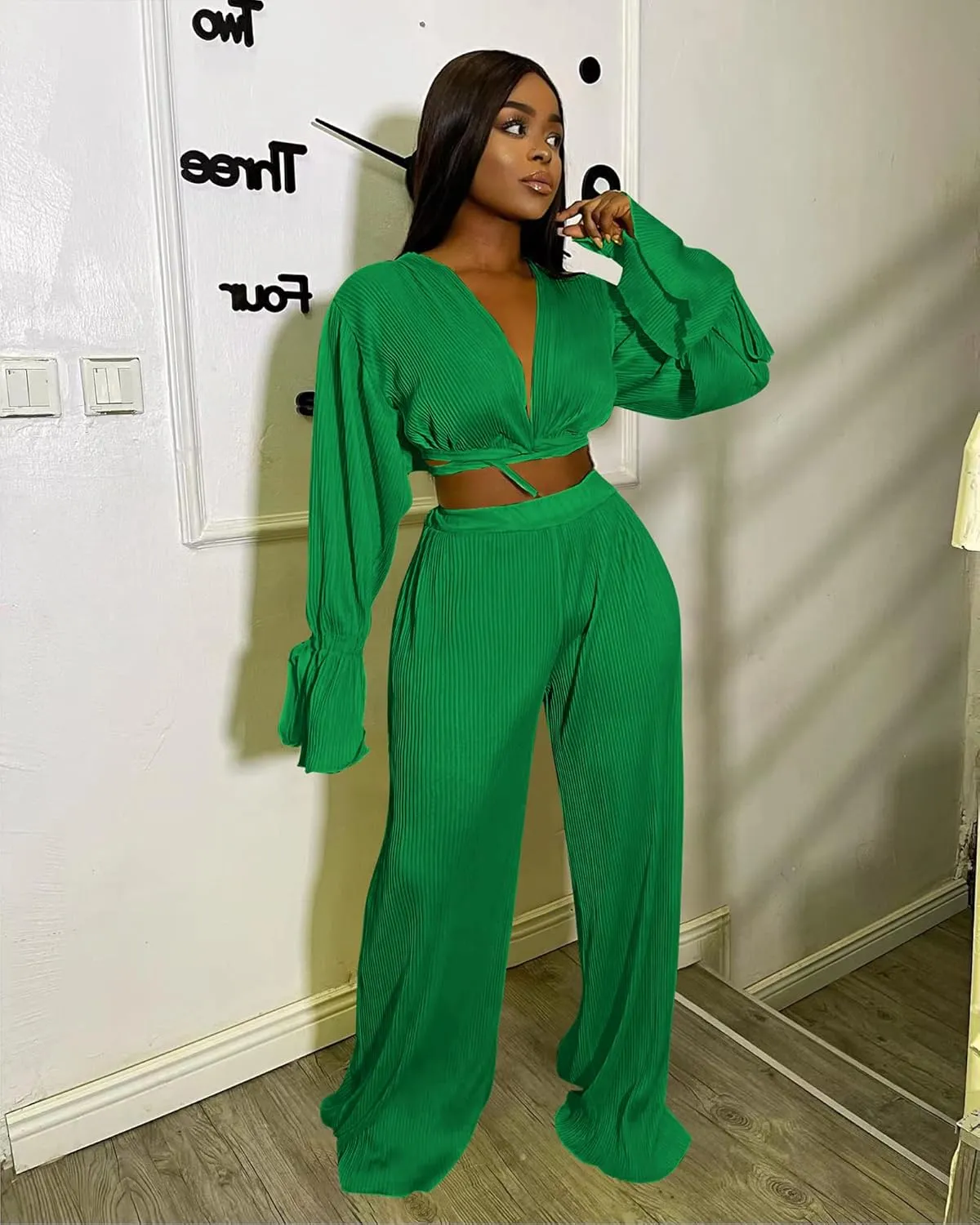 Doweha Two Piece Outfits for Women Summer Cute Plisse Set Outfit Lounge Sets Bell Sleeve Top Pants Sets Sexy 2 Piece Outfits