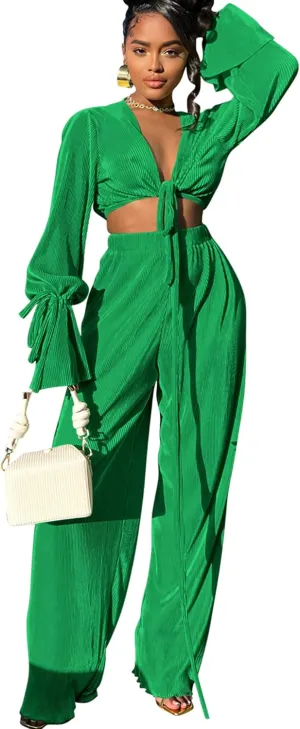 Doweha Two Piece Outfits for Women Summer Cute Plisse Set Outfit Lounge Sets Bell Sleeve Top Pants Sets Sexy 2 Piece Outfits