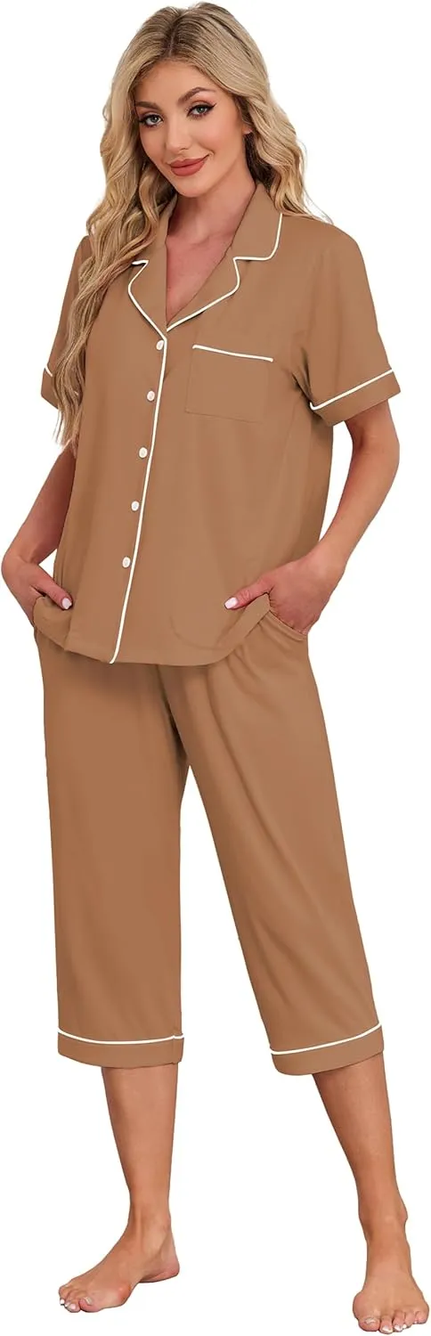 EA'S SECRET Womens Pajamas Set Capri Modal Pj Sets For Woman Button Down Short Sleeve Loungewear Set Sexy Sleepwear For Women