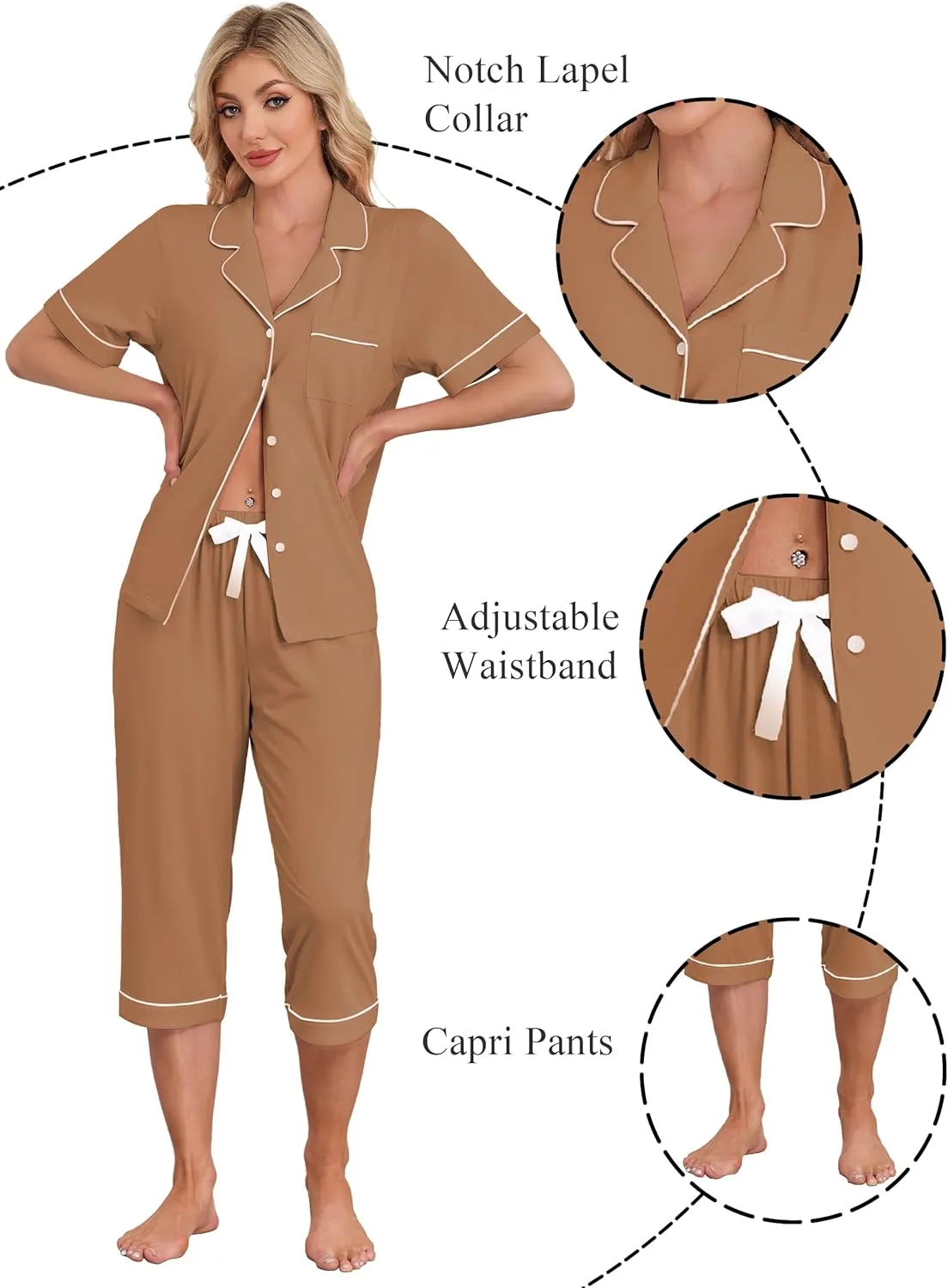 EA'S SECRET Womens Pajamas Set Capri Modal Pj Sets For Woman Button Down Short Sleeve Loungewear Set Sexy Sleepwear For Women