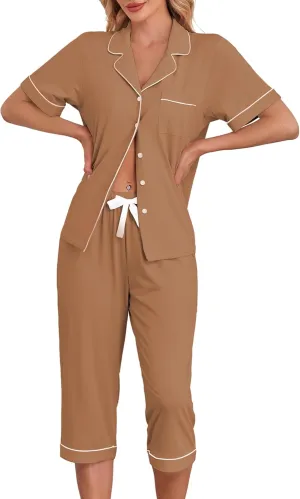 EA'S SECRET Womens Pajamas Set Capri Modal Pj Sets For Woman Button Down Short Sleeve Loungewear Set Sexy Sleepwear For Women