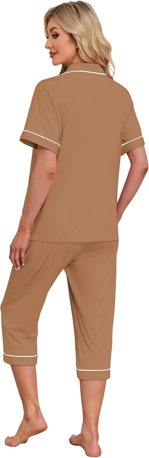 EA'S SECRET Womens Pajamas Set Capri Modal Pj Sets For Woman Button Down Short Sleeve Loungewear Set Sexy Sleepwear For Women