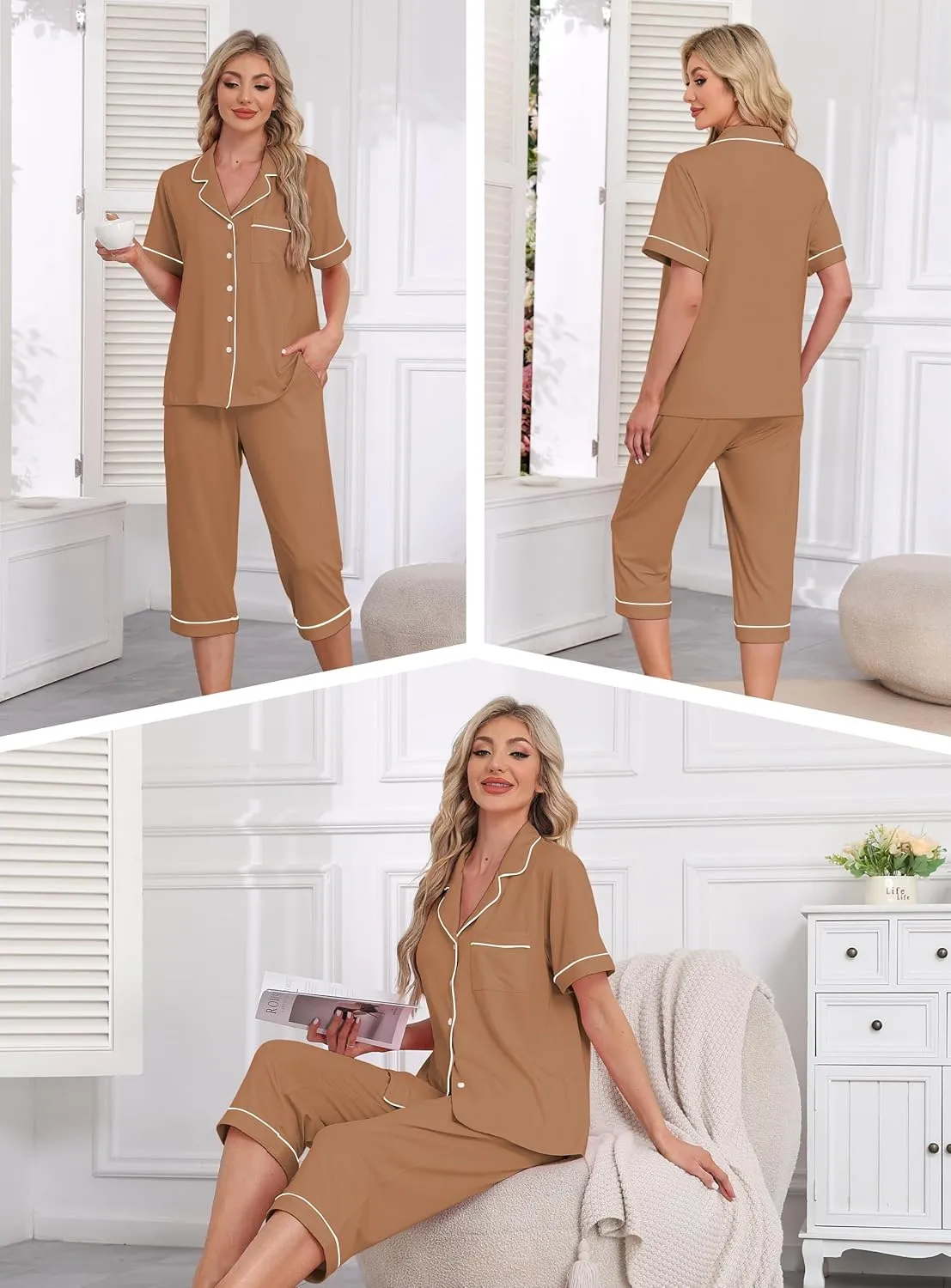 EA'S SECRET Womens Pajamas Set Capri Modal Pj Sets For Woman Button Down Short Sleeve Loungewear Set Sexy Sleepwear For Women