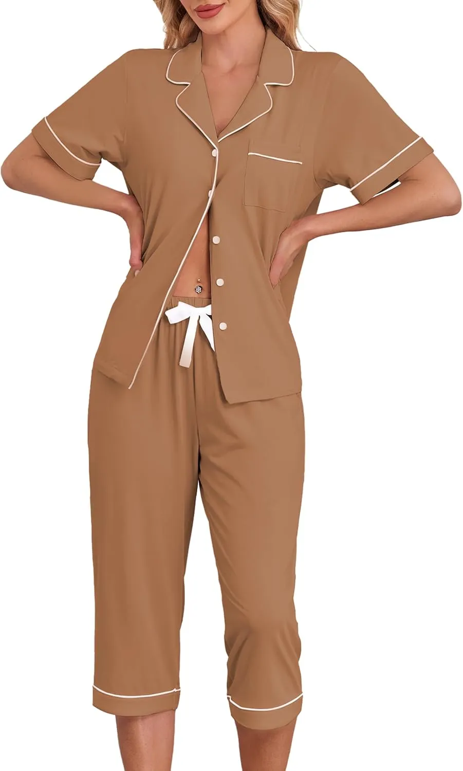 EA'S SECRET Womens Pajamas Set Capri Modal Pj Sets For Woman Button Down Short Sleeve Loungewear Set Sexy Sleepwear For Women