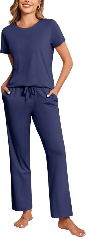 Ekouaer Cotton Pajamas Short Sleeve T-Shirt Top and Long Pants Pj Sets Sleepwear Loungewear for Women