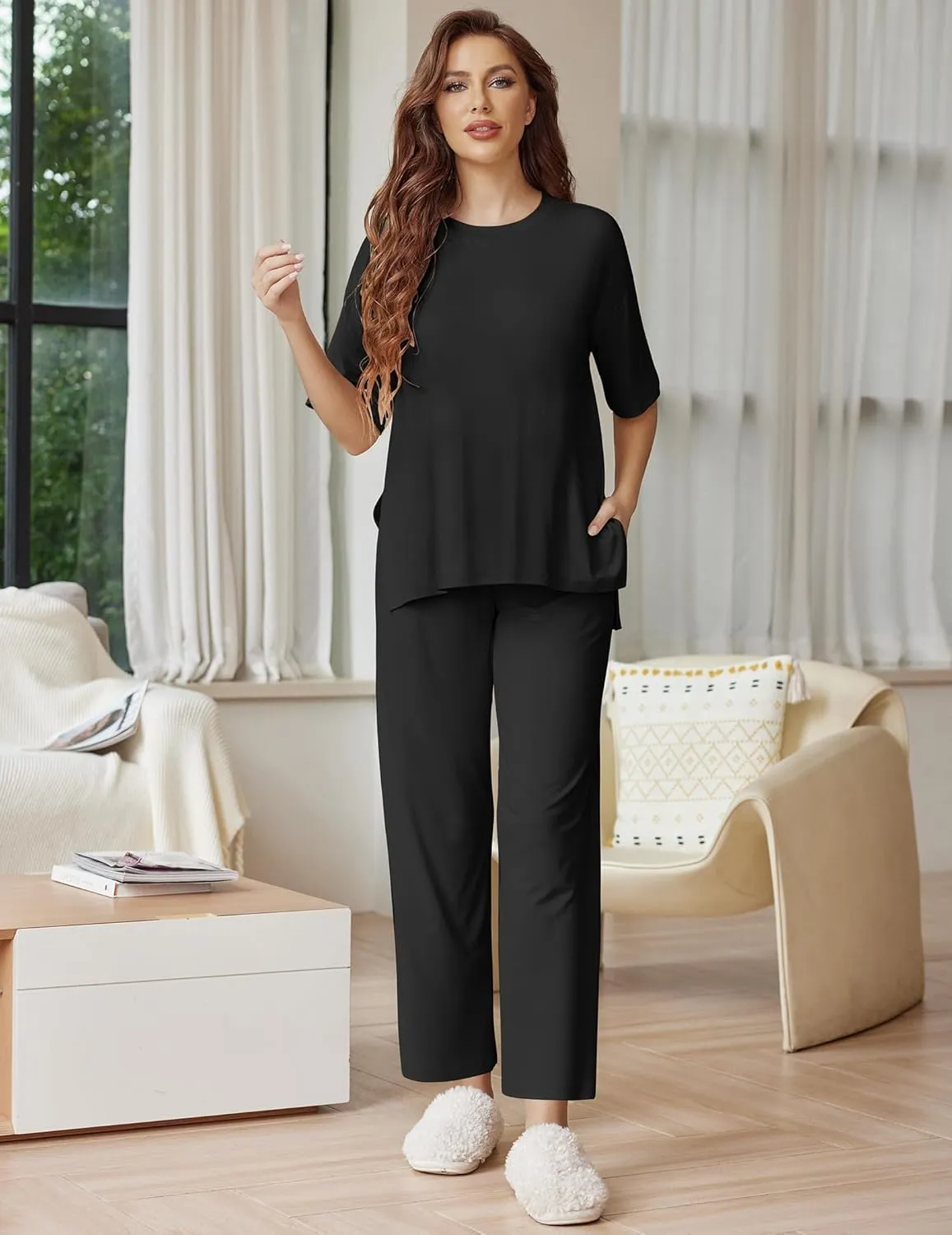 Ekouaer Lounge Sets for Women Short Sleeve Tops and Long Pants Soft Comfy Pajamas Set 2 Piece Outfits S-XXL