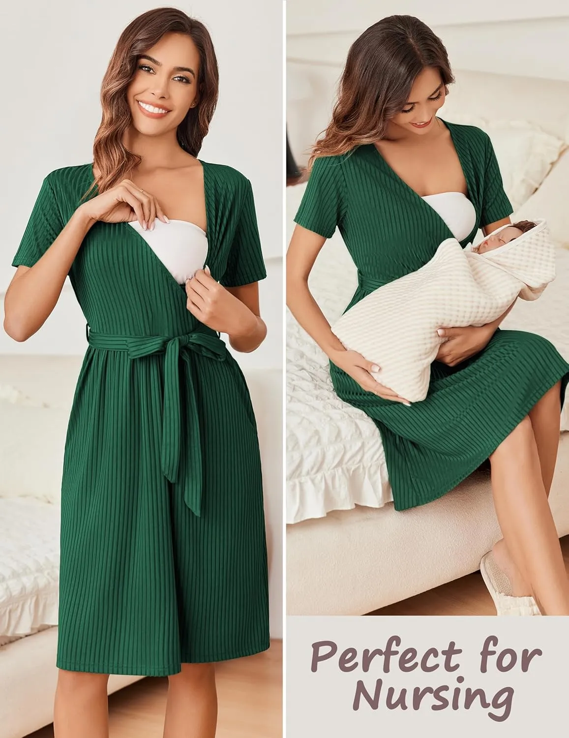 Ekouaer Women Short Sleeve Maternity Nursing Dress Casual V Neck Breastfeeding Loungewear Ribbed Knit Pregnancy Dresses S-XXL