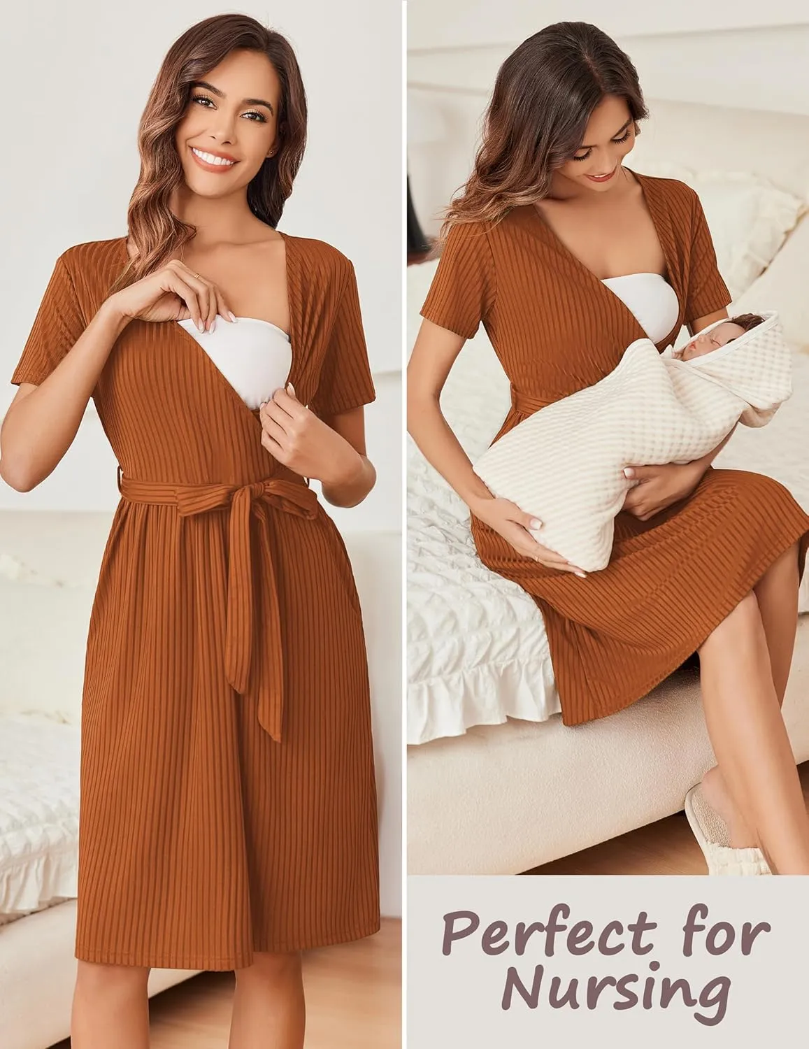 Ekouaer Women Short Sleeve Maternity Nursing Dress Casual V Neck Breastfeeding Loungewear Ribbed Knit Pregnancy Dresses S-XXL