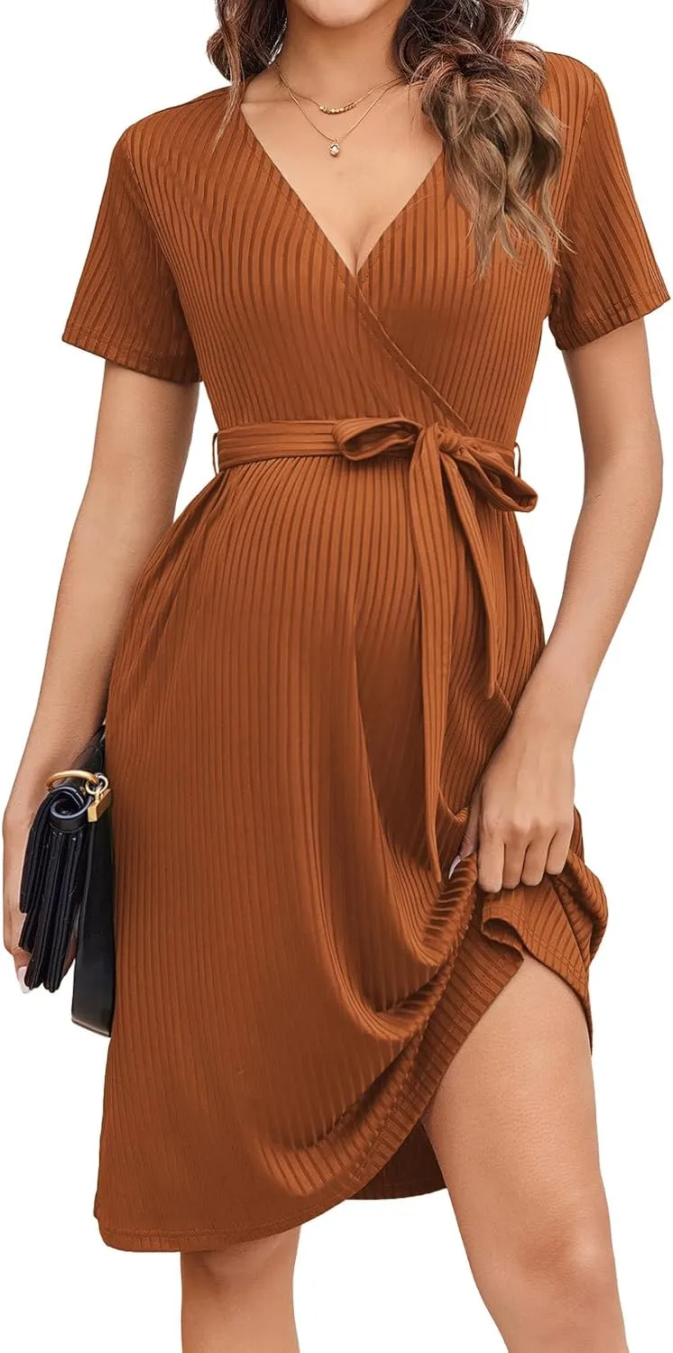 Ekouaer Women Short Sleeve Maternity Nursing Dress Casual V Neck Breastfeeding Loungewear Ribbed Knit Pregnancy Dresses S-XXL
