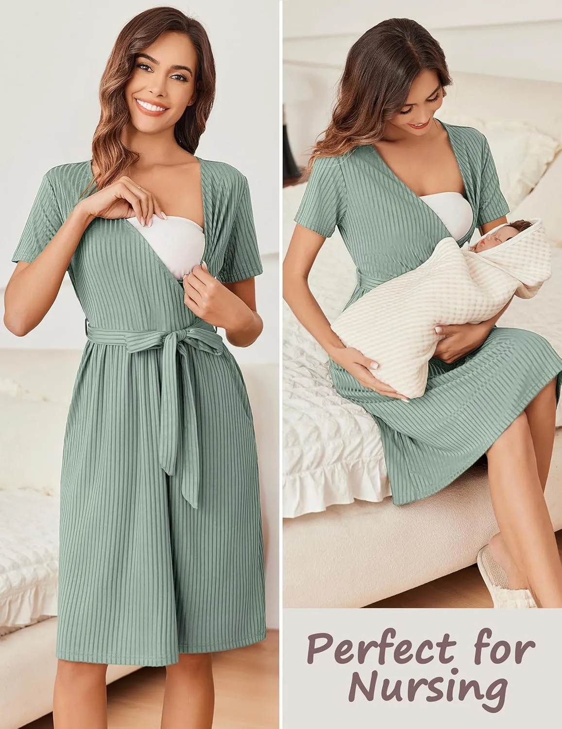 Ekouaer Women Short Sleeve Maternity Nursing Dress Casual V Neck Breastfeeding Loungewear Ribbed Knit Pregnancy Dresses S-XXL
