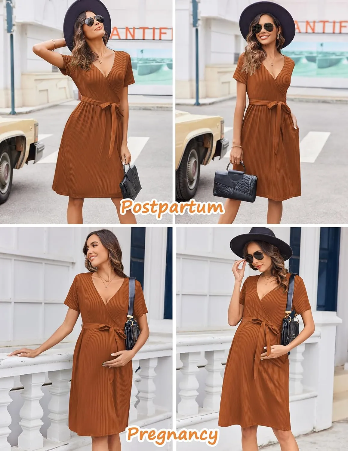 Ekouaer Women Short Sleeve Maternity Nursing Dress Casual V Neck Breastfeeding Loungewear Ribbed Knit Pregnancy Dresses S-XXL
