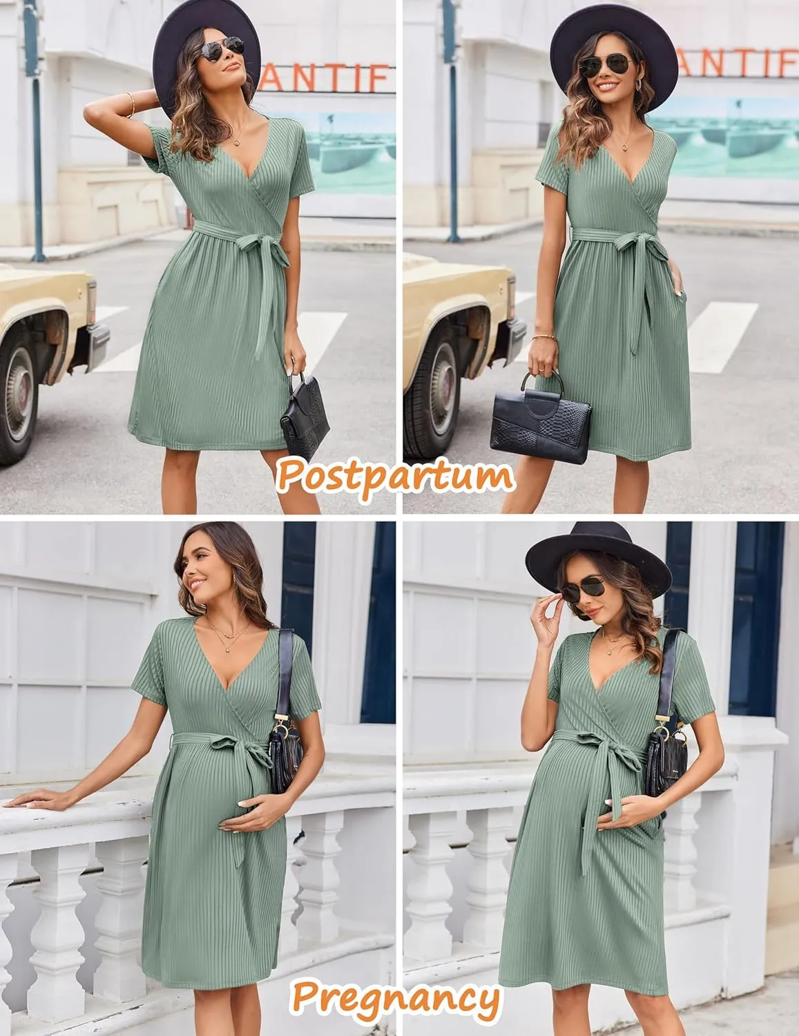 Ekouaer Women Short Sleeve Maternity Nursing Dress Casual V Neck Breastfeeding Loungewear Ribbed Knit Pregnancy Dresses S-XXL