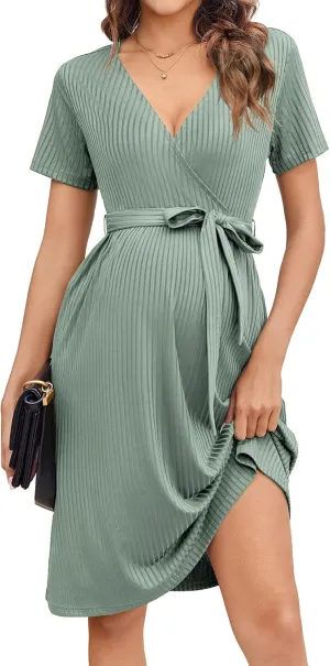 Ekouaer Women Short Sleeve Maternity Nursing Dress Casual V Neck Breastfeeding Loungewear Ribbed Knit Pregnancy Dresses S-XXL