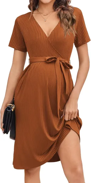 Ekouaer Women Short Sleeve Maternity Nursing Dress Casual V Neck Breastfeeding Loungewear Ribbed Knit Pregnancy Dresses S-XXL
