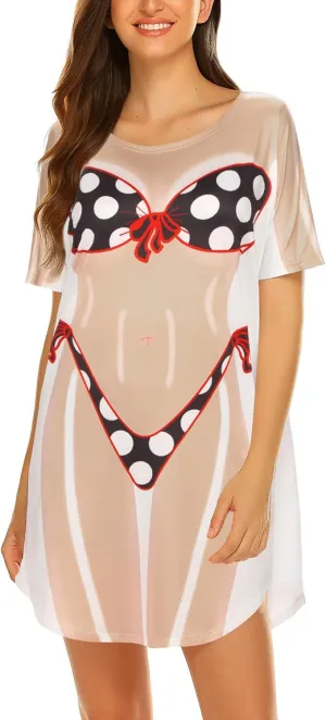 Ekouaer Women's Bikini Shirt Cover Up Short Sleeve Cute Bikini Print Cover-Up Baggy T Shirt Dress Fun Wear