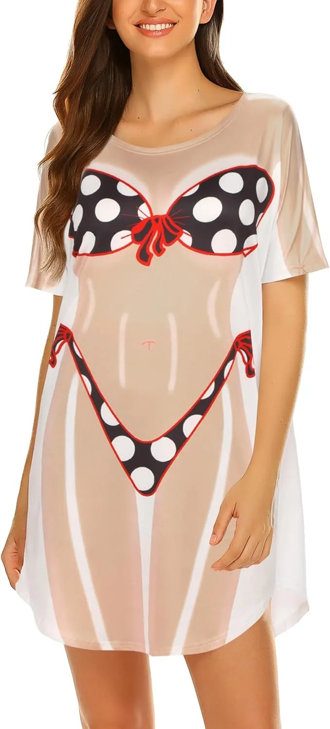 Ekouaer Women's Bikini Shirt Cover Up Short Sleeve Cute Bikini Print Cover-Up Baggy T Shirt Dress Fun Wear