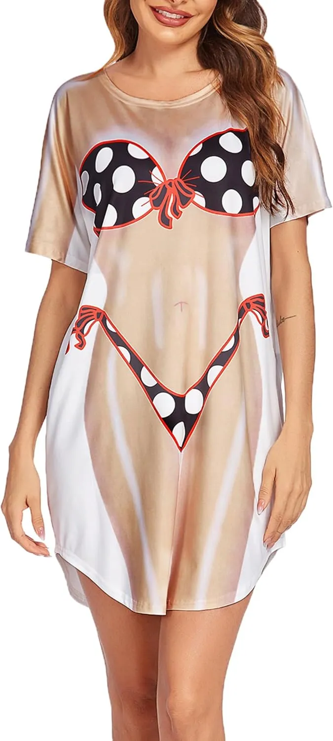 Ekouaer Women's Bikini Shirt Cover Up Short Sleeve Cute Bikini Print Cover-Up Baggy T Shirt Dress Fun Wear