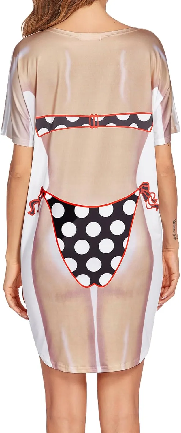 Ekouaer Women's Bikini Shirt Cover Up Short Sleeve Cute Bikini Print Cover-Up Baggy T Shirt Dress Fun Wear