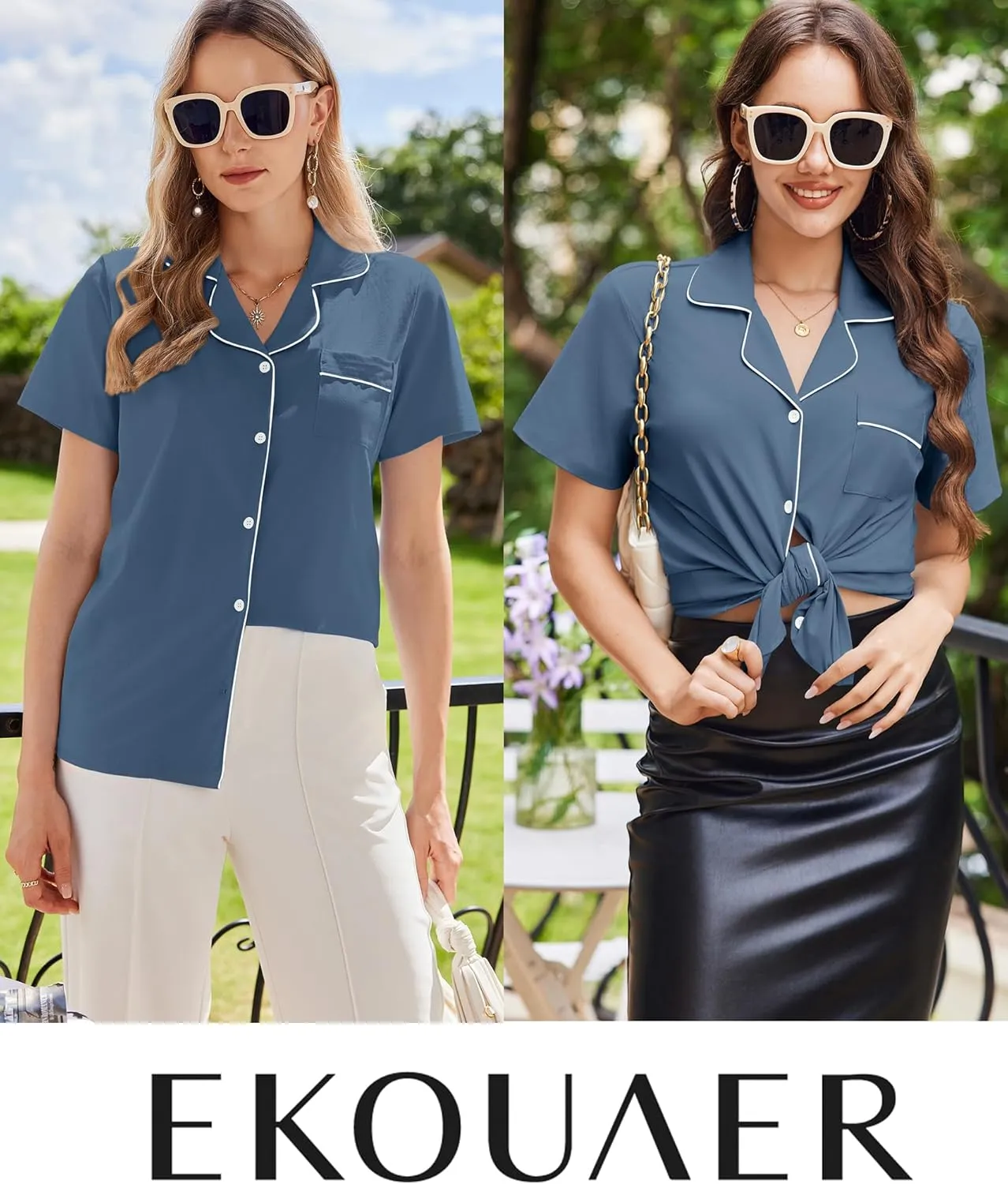 Ekouaer Womens Cotton Pajamas Set Classic Short Sleeve Pjs Set Soft Button Down Sleepwear Loungewear