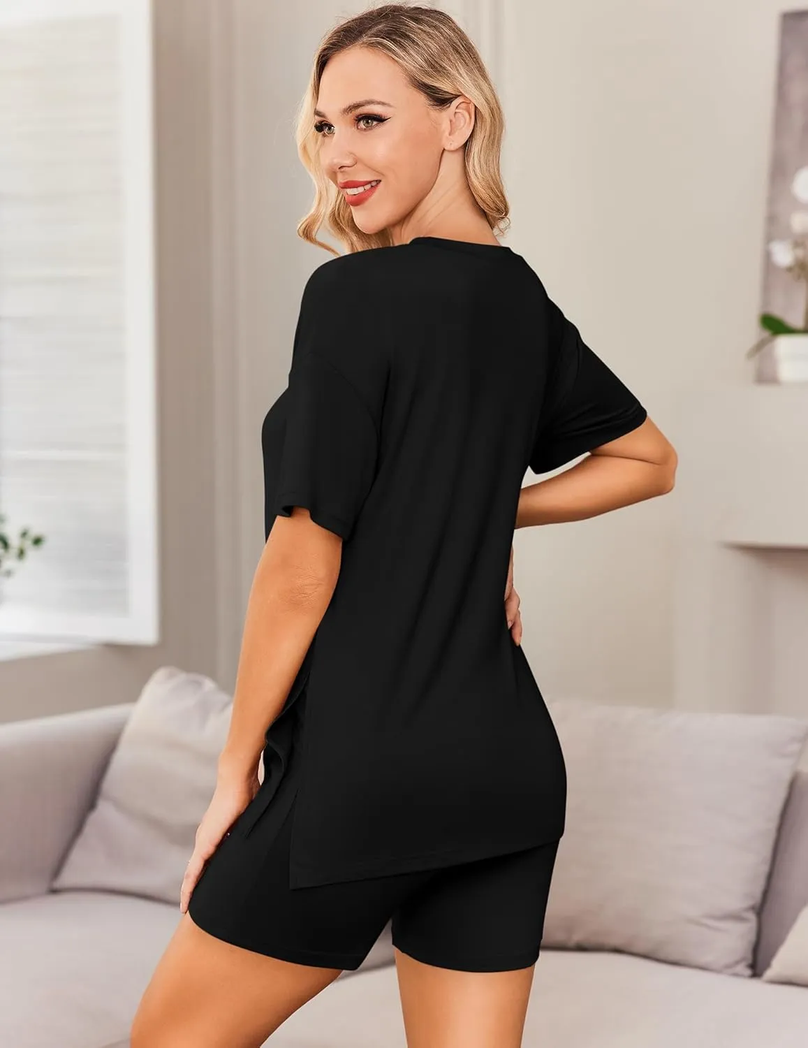 Ekouaer Women's Maternity Pajamas Sets 2 Piece Outfits Short Sleeve Shirts and Biker Shorts Pregnancy Loungewear Mama Clothes