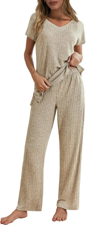 Ekouaer Womens Ribbed Knit Lounge Set Short Sleeve Top and Long Pants Pajamas V Neck 2 Piece Sleepwear