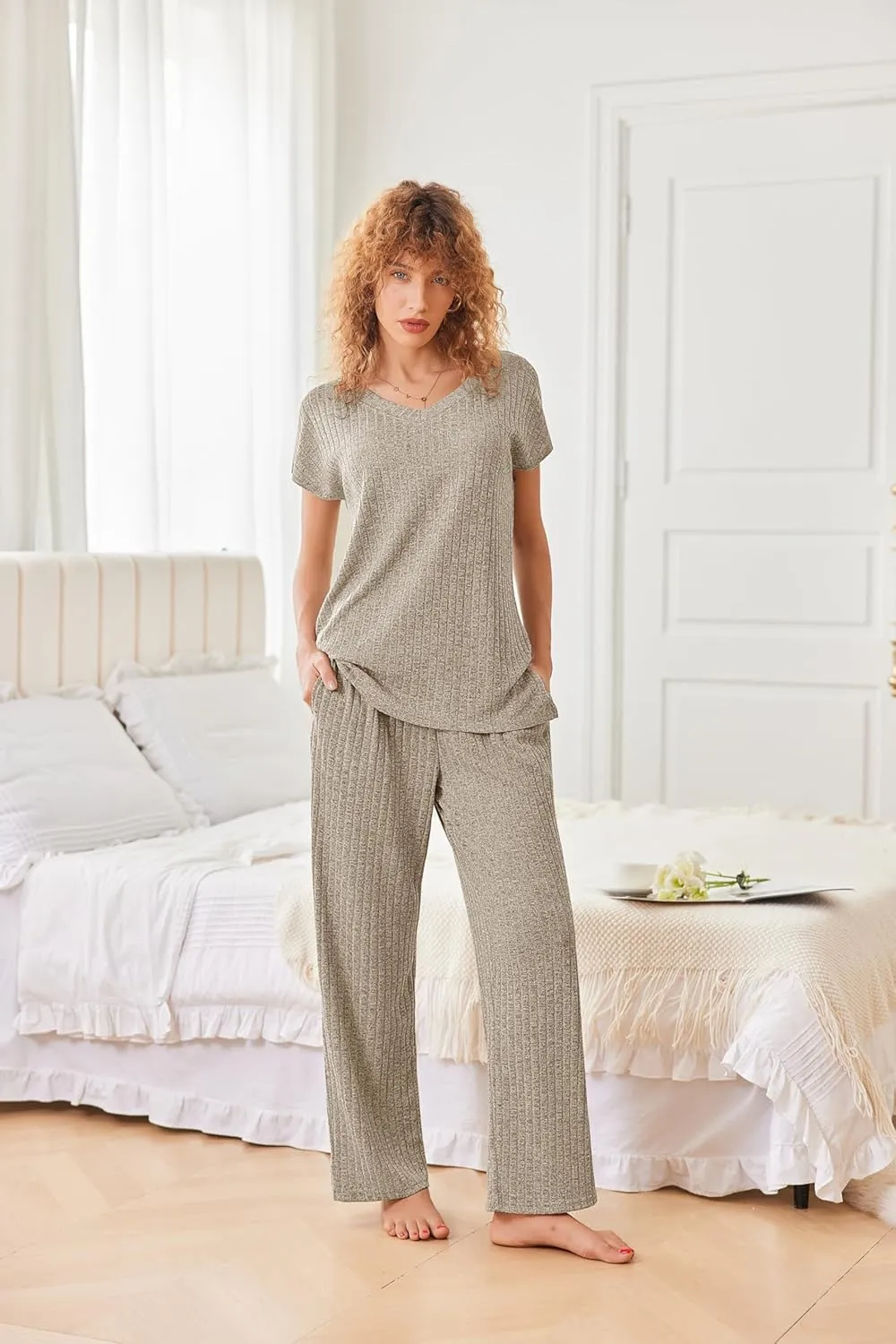Ekouaer Womens Ribbed Knit Lounge Set Short Sleeve Top and Long Pants Pajamas V Neck 2 Piece Sleepwear