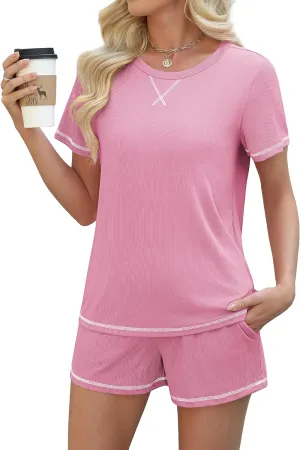 Ekouaer Womens Shorts Set Summer Outfits Short Sleeve Lounge Set 2 Pieces Soft Sleepwear Pajamas Set with Pockets