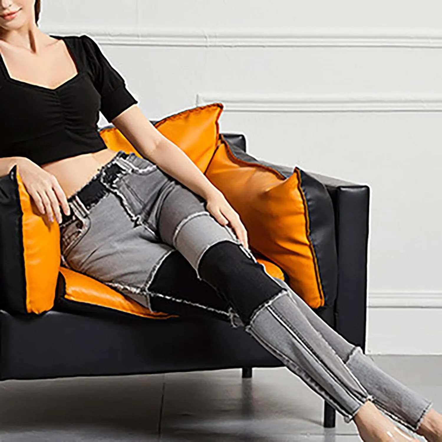 Elastic Waist Jeans for Women Color Patchwork High Waisted High Stretch Jeans Straight Leg Denim Long Pants