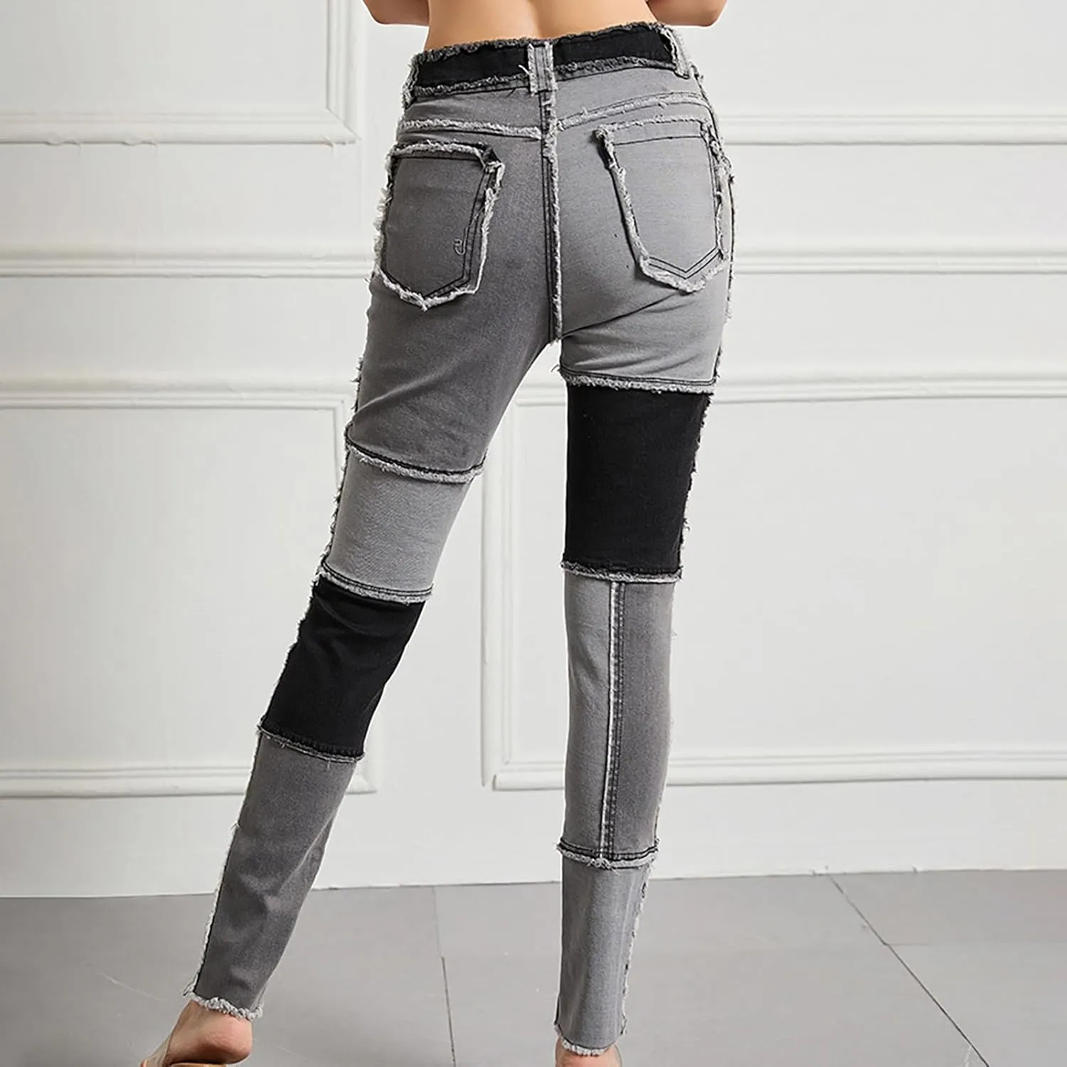 Elastic Waist Jeans for Women Color Patchwork High Waisted High Stretch Jeans Straight Leg Denim Long Pants