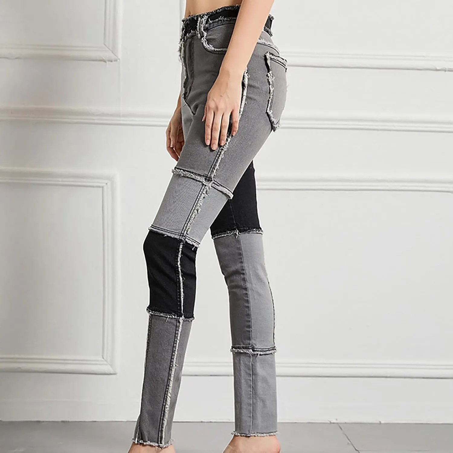 Elastic Waist Jeans for Women Color Patchwork High Waisted High Stretch Jeans Straight Leg Denim Long Pants
