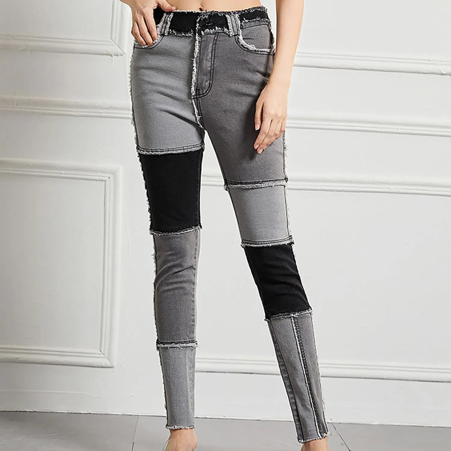 Elastic Waist Jeans for Women Color Patchwork High Waisted High Stretch Jeans Straight Leg Denim Long Pants