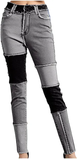 Elastic Waist Jeans for Women Color Patchwork High Waisted High Stretch Jeans Straight Leg Denim Long Pants