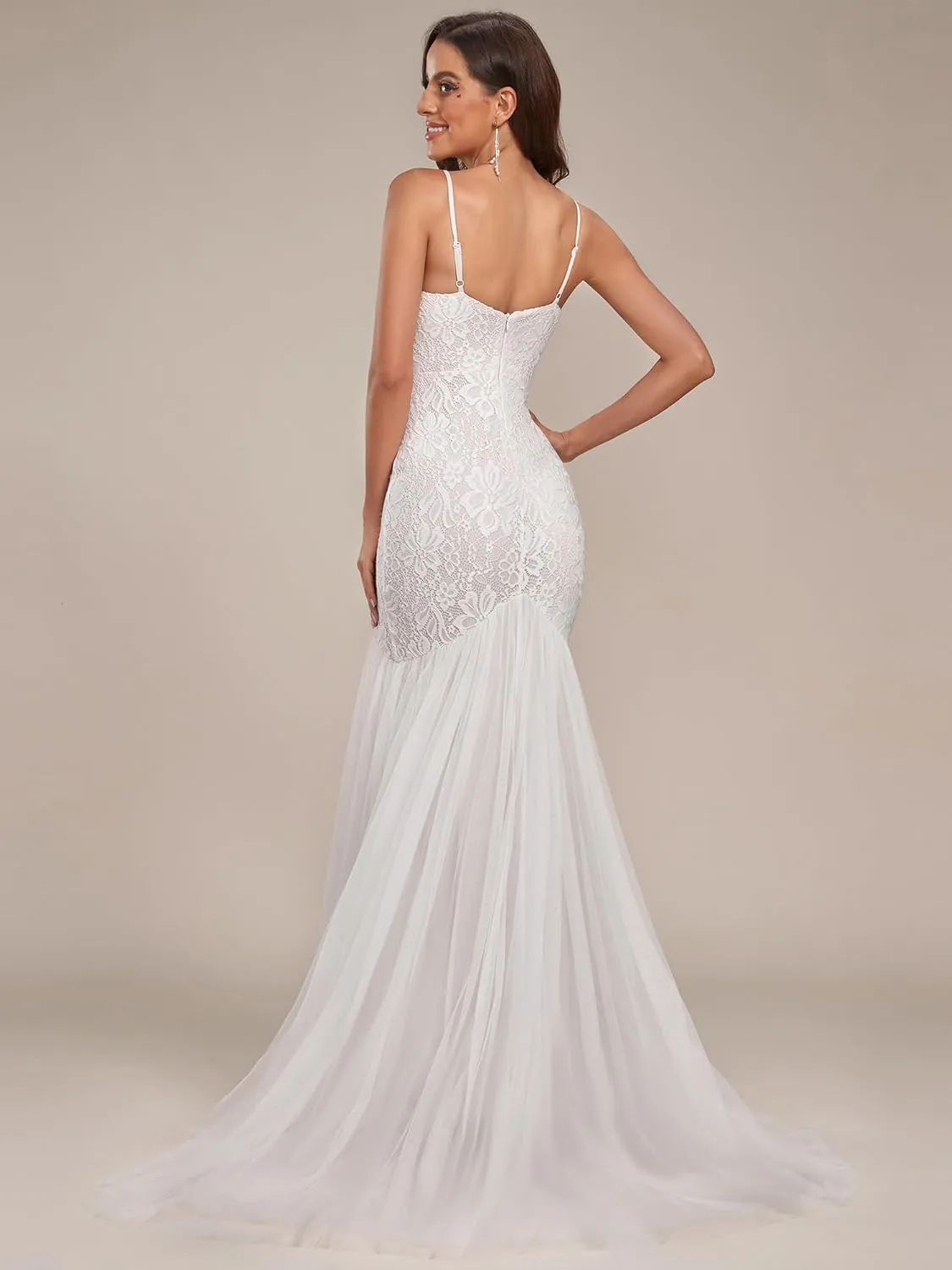 Ever-Pretty Women Spaghetti Straps Long Lace Applique Bodycon Side Slit Mermaid Wedding Dress 90355